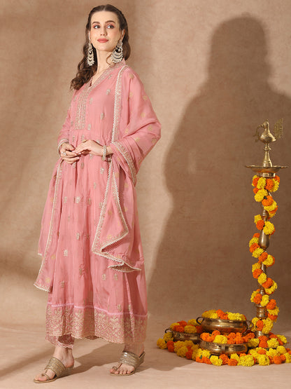 Solid Ethnic Embroidered Anarkali Flared Kurta with Pant and Dupatta - Baby Pink