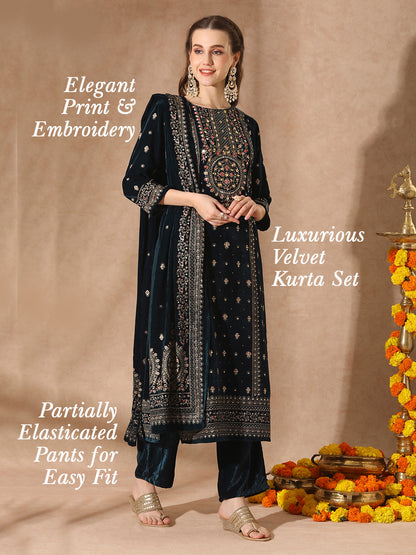 Floral Printed & Embroidered Straight Velvet Kurta with Pant & Dupatta - Teal Blue