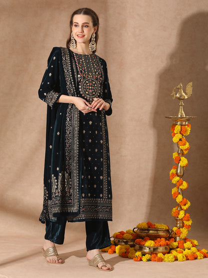 Floral Printed & Embroidered Straight Velvet Kurta with Pant & Dupatta - Teal Blue