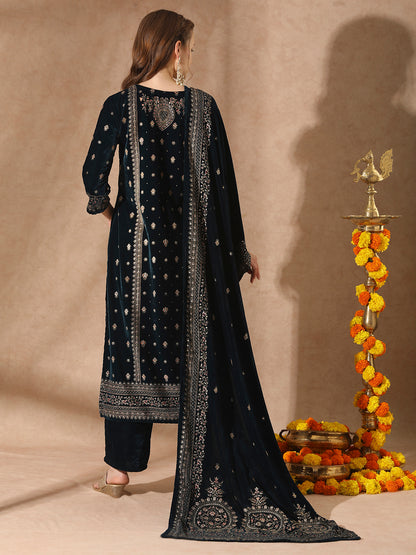 Floral Printed & Embroidered Straight Velvet Kurta with Pant & Dupatta - Teal Blue