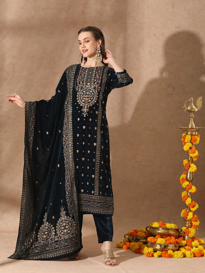 Floral Printed & Embroidered Straight Velvet Kurta with Pant & Dupatta - Teal Blue