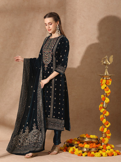 Floral Printed & Embroidered Straight Velvet Kurta with Pant & Dupatta - Teal Blue