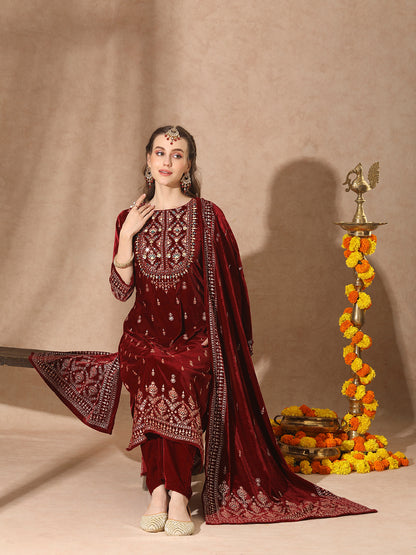 Floral Printed & Embroidered Straight Velvet Kurta with Pant & Dupatta - Maroon