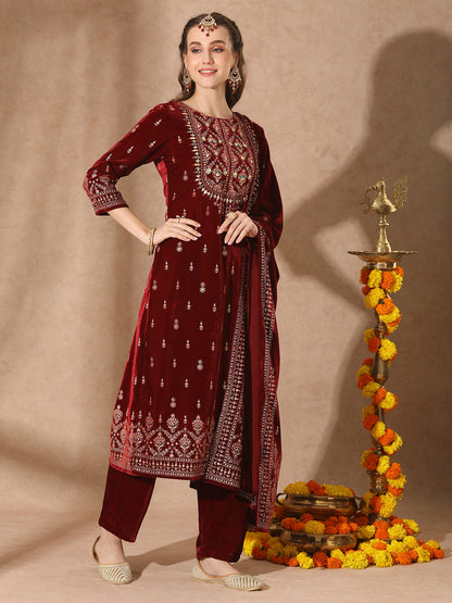 Floral Printed & Embroidered Straight Velvet Kurta with Pant & Dupatta - Maroon