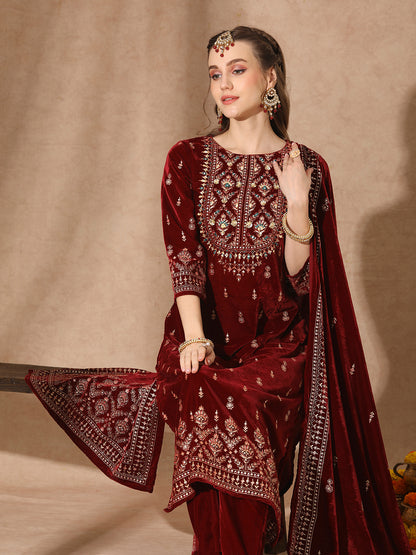 Floral Printed & Embroidered Straight Velvet Kurta with Pant & Dupatta - Maroon