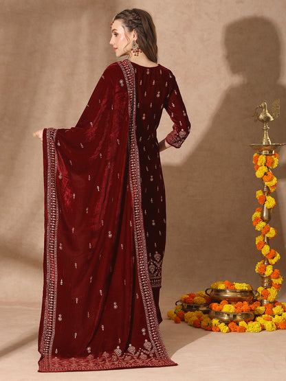 Floral Printed & Embroidered Straight Velvet Kurta with Pant & Dupatta - Maroon