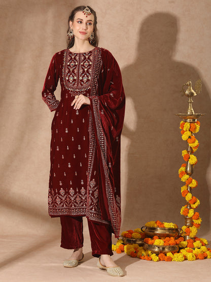 Floral Printed & Embroidered Straight Velvet Kurta with Pant & Dupatta - Maroon