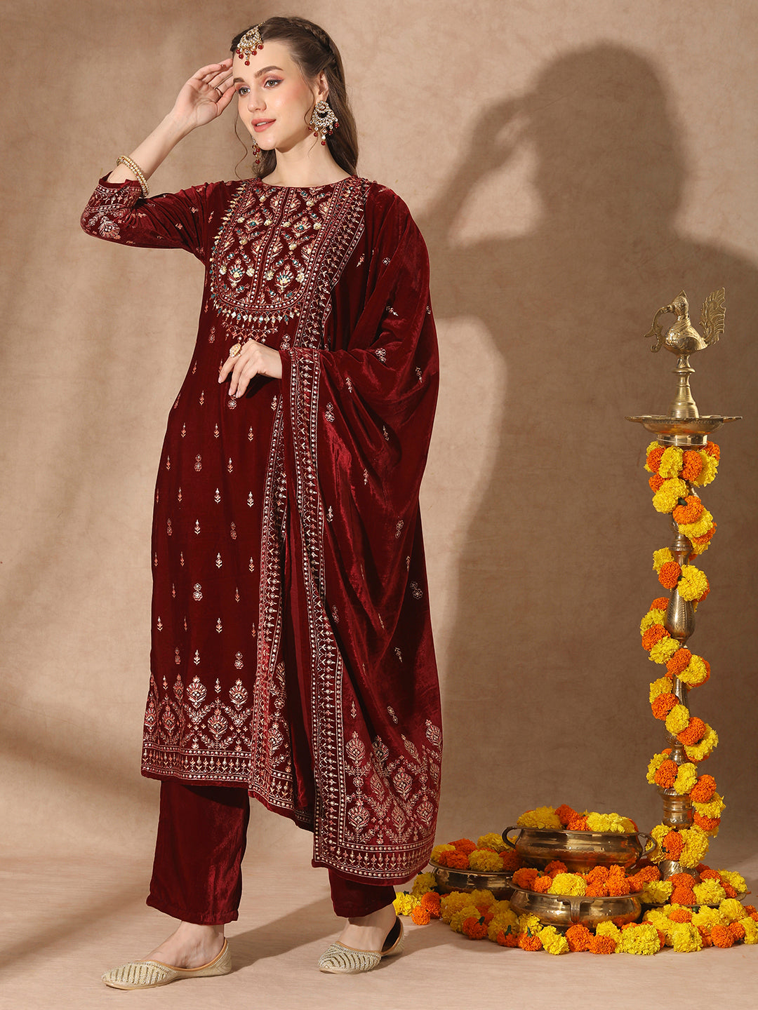 Floral Printed & Embroidered Straight Velvet Kurta with Pant & Dupatta - Maroon