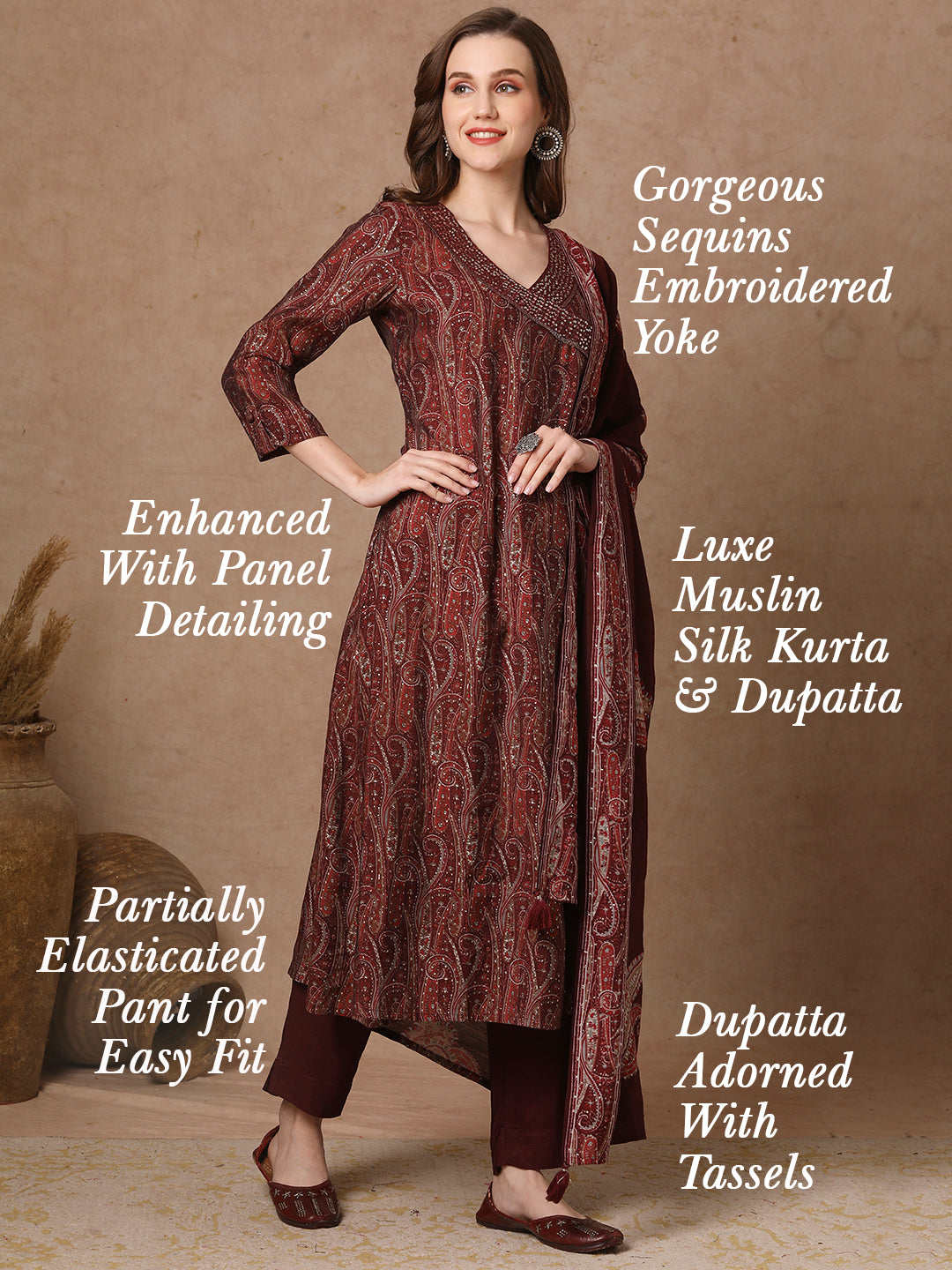 Ethnic Printed & Embroidered A-Line Kurta with Pant & Dupatta - Burgundy