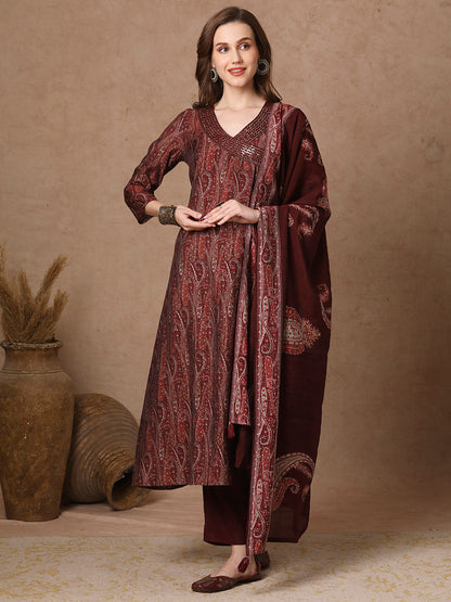 Ethnic Printed & Embroidered A-Line Kurta with Pant & Dupatta - Burgundy