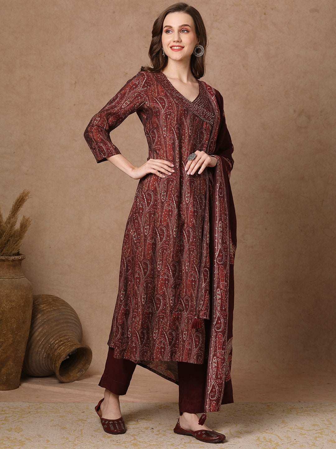 Ethnic Printed & Embroidered A-Line Kurta with Pant & Dupatta - Burgundy