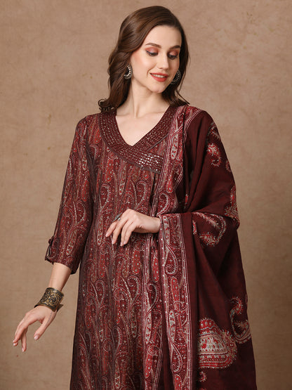 Ethnic Printed & Embroidered A-Line Kurta with Pant & Dupatta - Burgundy