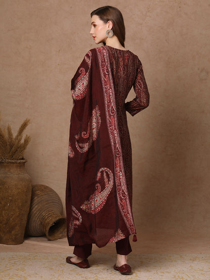 Ethnic Printed & Embroidered A-Line Kurta with Pant & Dupatta - Burgundy