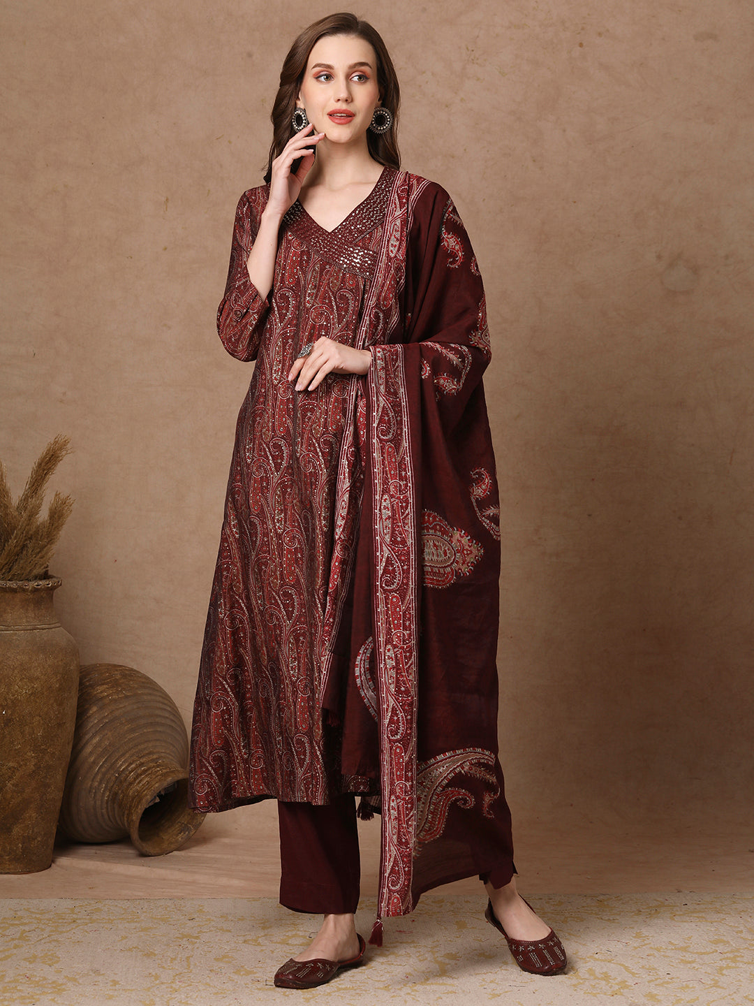 Ethnic Printed & Embroidered A-Line Kurta with Pant & Dupatta - Burgundy