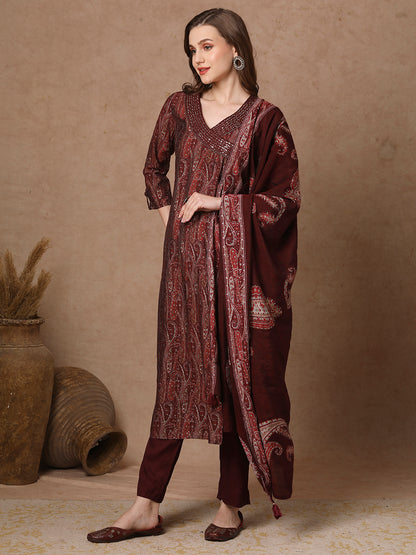 Ethnic Printed & Embroidered A-Line Kurta with Pant & Dupatta - Burgundy