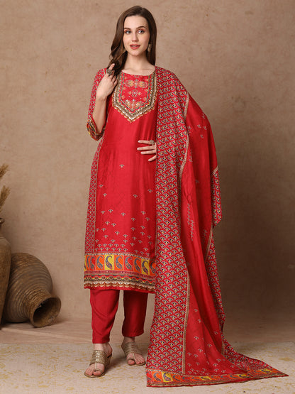 Ethnic Printed & Embroidered Straight Kurta with Pant & Dupatta - Pink