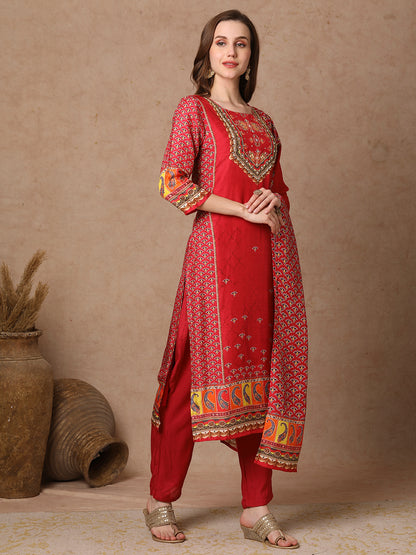 Ethnic Printed & Embroidered Straight Kurta with Pant & Dupatta - Pink