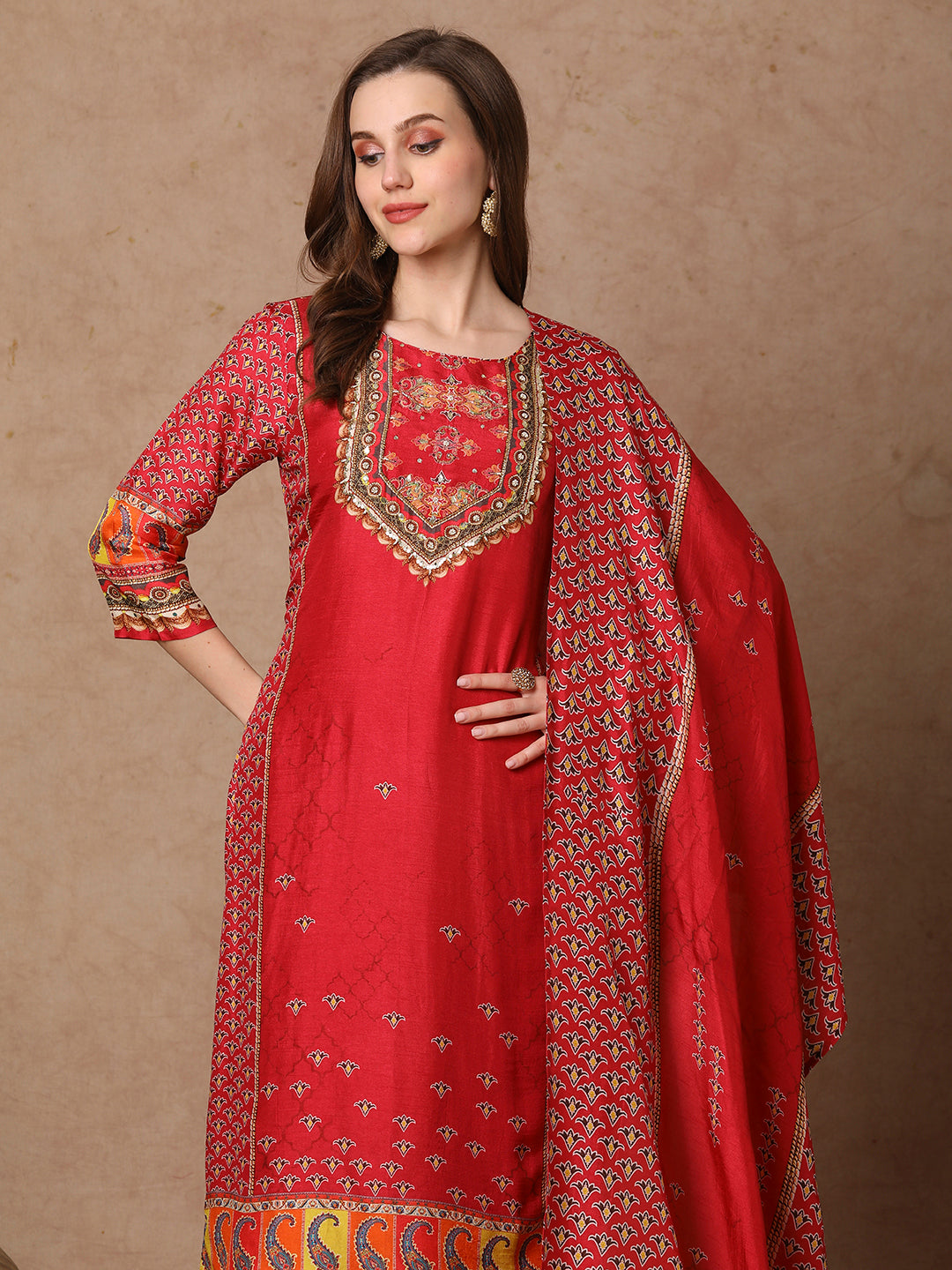 Ethnic Printed & Embroidered Straight Kurta with Pant & Dupatta - Pink