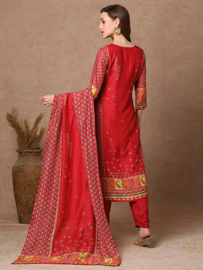 Ethnic Printed & Embroidered Straight Kurta with Pant & Dupatta - Pink