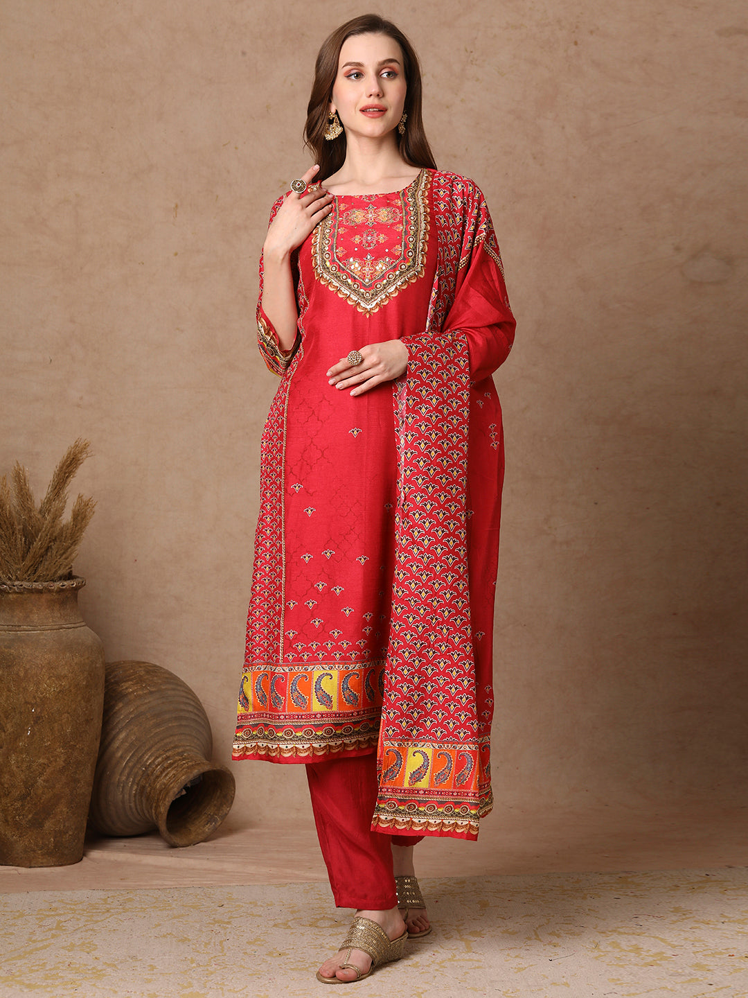 Ethnic Printed & Embroidered Straight Kurta with Pant & Dupatta - Pink