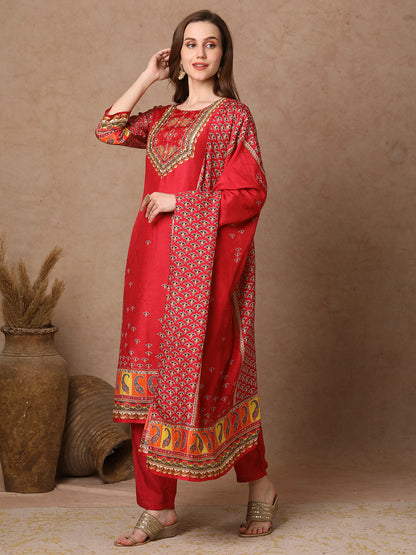 Ethnic Printed & Embroidered Straight Kurta with Pant & Dupatta - Pink