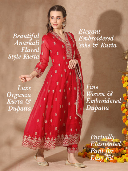 Solid Ethnic Embroidered Anarkali Flared Kurta with Pant and Dupatta - Pink