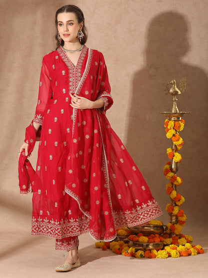 Solid Ethnic Embroidered Anarkali Flared Kurta with Pant and Dupatta - Red