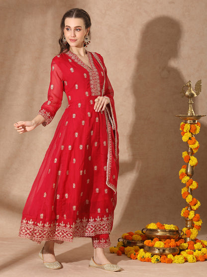 Solid Ethnic Embroidered Anarkali Flared Kurta with Pant and Dupatta - Red