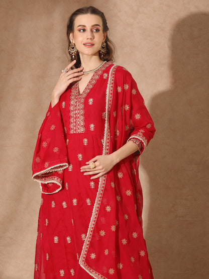 Solid Ethnic Embroidered Anarkali Flared Kurta with Pant and Dupatta - Red