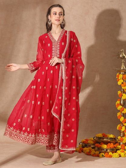 Solid Ethnic Embroidered Anarkali Flared Kurta with Pant and Dupatta - Red