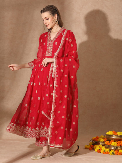 Solid Ethnic Embroidered Anarkali Flared Kurta with Pant and Dupatta - Red