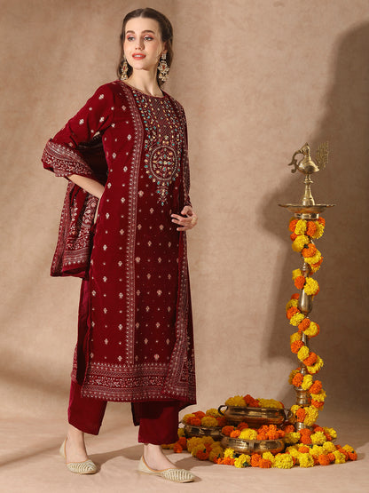 Floral Printed & Embroidered Straight Velvet Kurta with Palazzo & Dupatta - Magenta