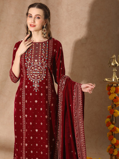 Floral Printed & Embroidered Straight Velvet Kurta with Palazzo & Dupatta - Magenta