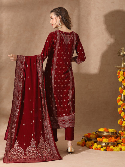 Floral Printed & Embroidered Straight Velvet Kurta with Palazzo & Dupatta - Magenta