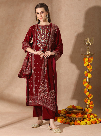 Floral Printed & Embroidered Straight Velvet Kurta with Palazzo & Dupatta - Magenta