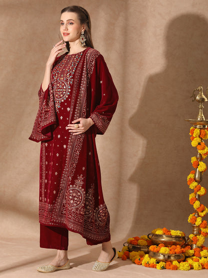 Floral Printed & Embroidered Straight Velvet Kurta with Palazzo & Dupatta - Magenta