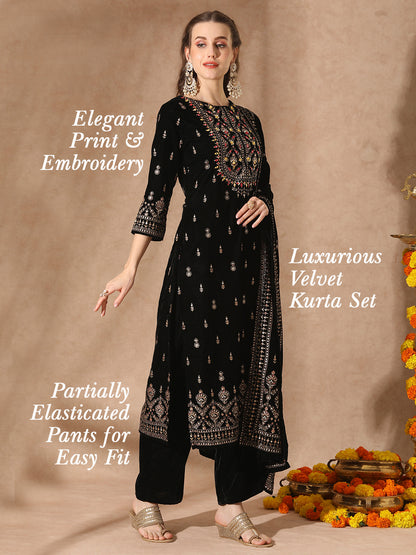 Floral Printed & Embroidered Straight Velvet Kurta with Pant & Dupatta - Black