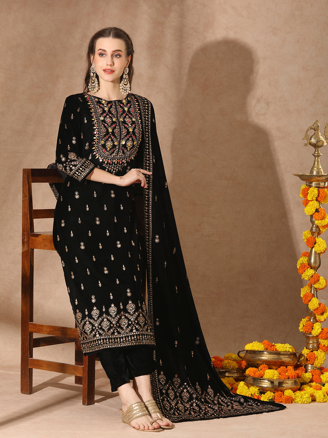 Floral Printed & Embroidered Straight Velvet Kurta with Pant & Dupatta - Black