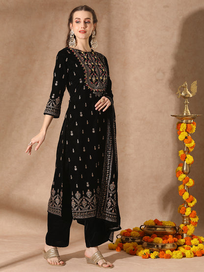 Floral Printed & Embroidered Straight Velvet Kurta with Pant & Dupatta - Black