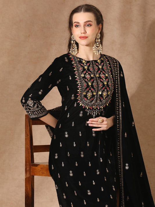 Floral Printed & Embroidered Straight Velvet Kurta with Pant & Dupatta - Black