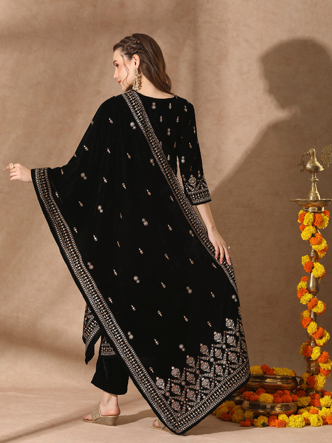 Floral Printed & Embroidered Straight Velvet Kurta with Pant & Dupatta - Black