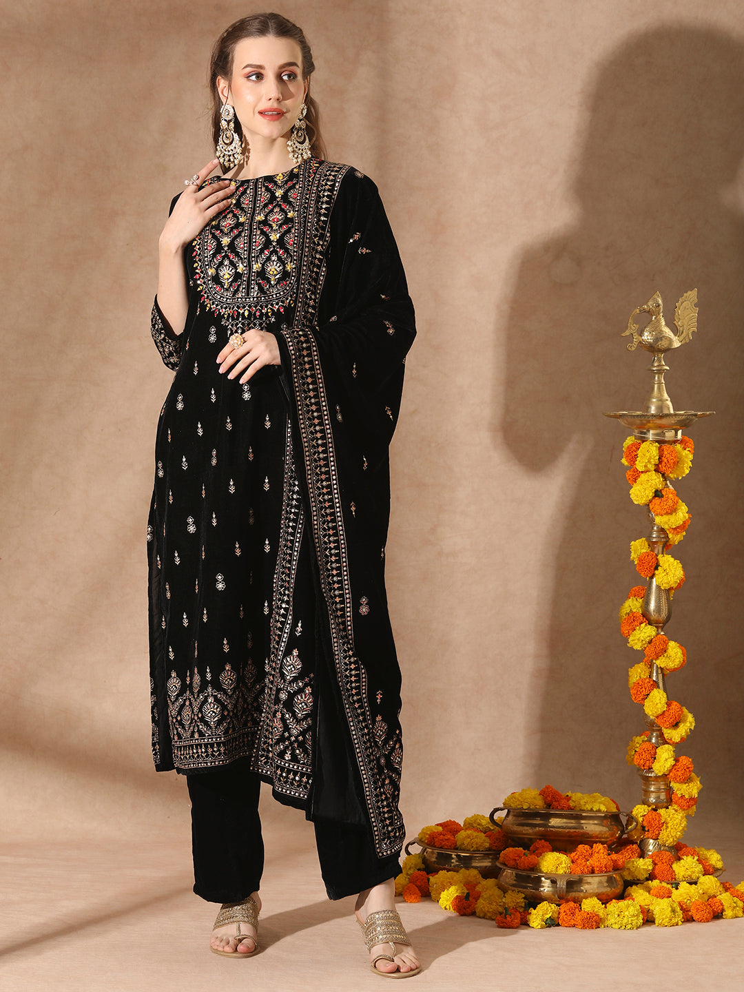 Floral Printed & Embroidered Straight Velvet Kurta with Pant & Dupatta - Black