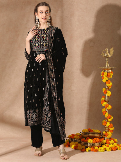 Floral Printed & Embroidered Straight Velvet Kurta with Pant & Dupatta - Black