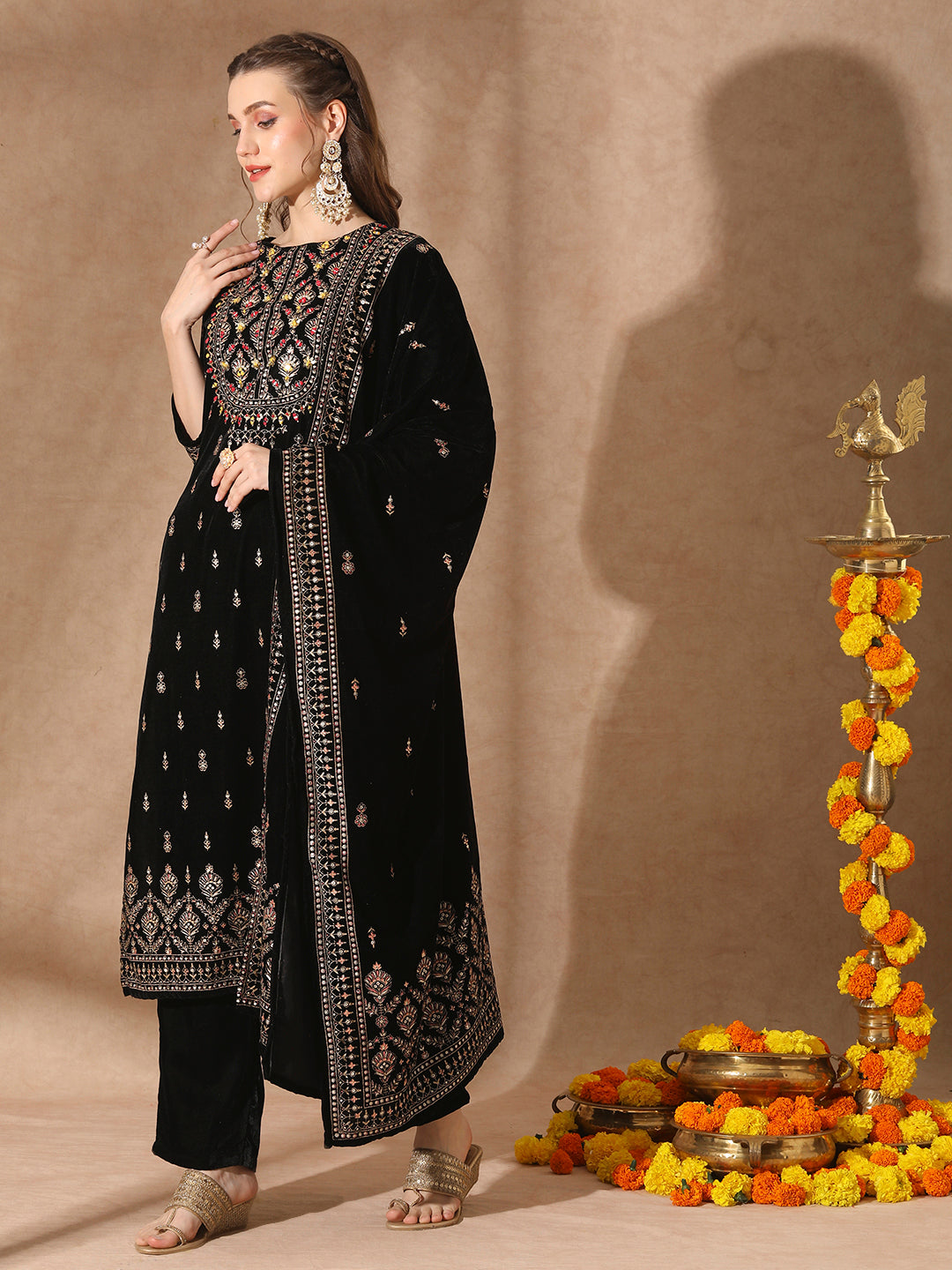 Floral Printed & Embroidered Straight Velvet Kurta with Pant & Dupatta - Black