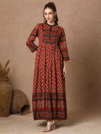 Ethnic Floral Printed A-Line Pleated Tiered Maxi Dress - Rust