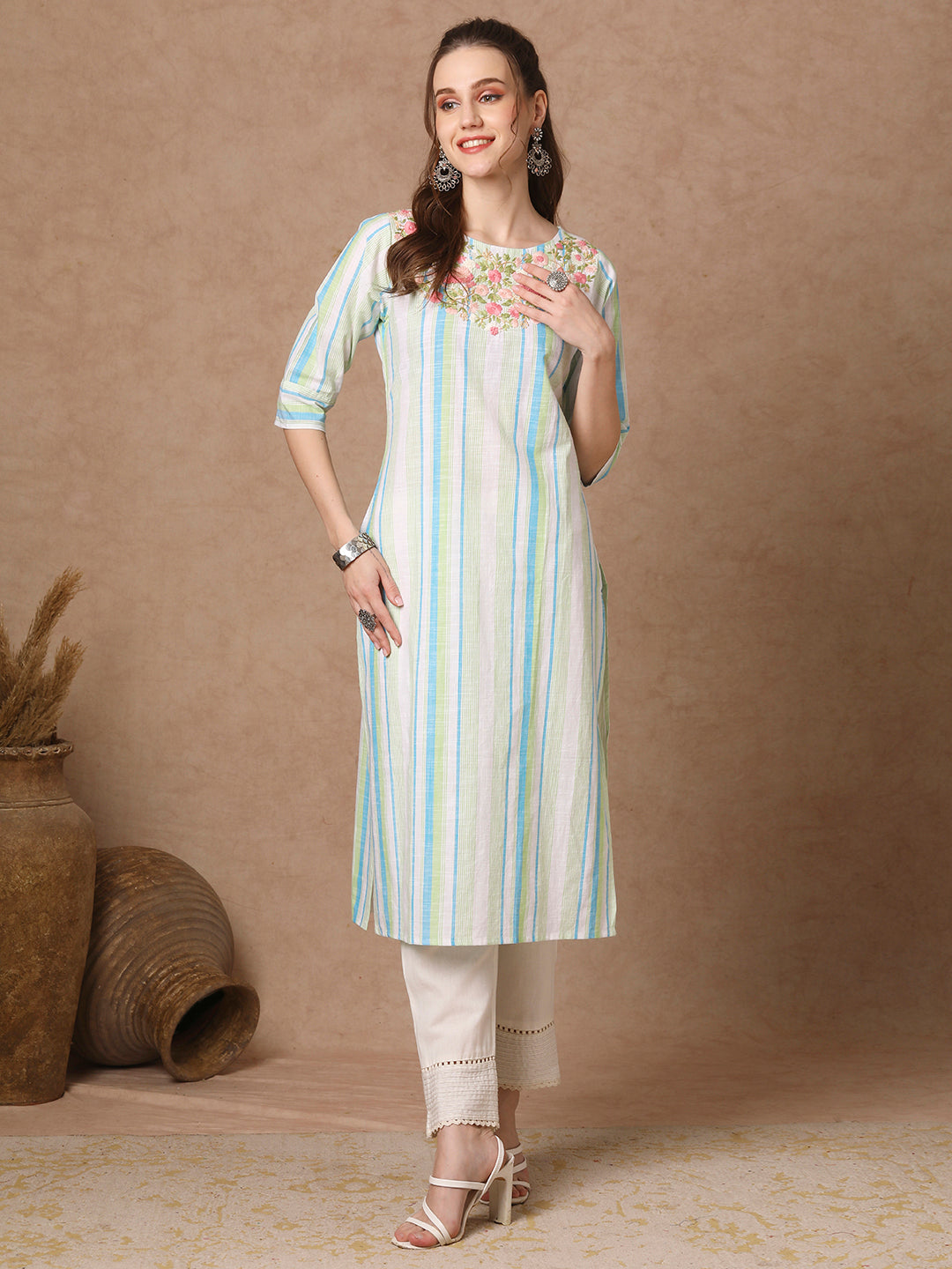 Woven Stripes & floral Hand EMbroidered Straight Fit Kurta - White