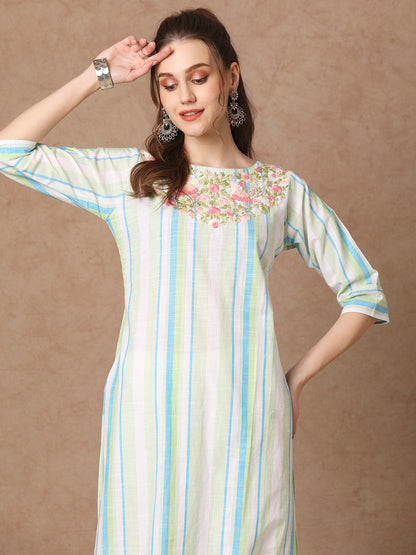 Woven Stripes & floral Hand EMbroidered Straight Fit Kurta - White