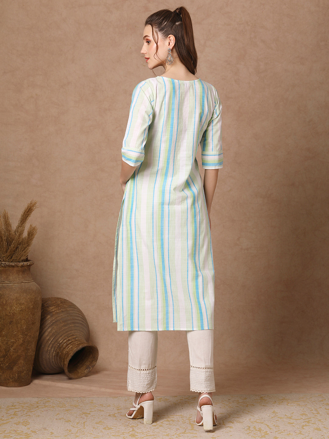 Woven Stripes & floral Hand EMbroidered Straight Fit Kurta - White