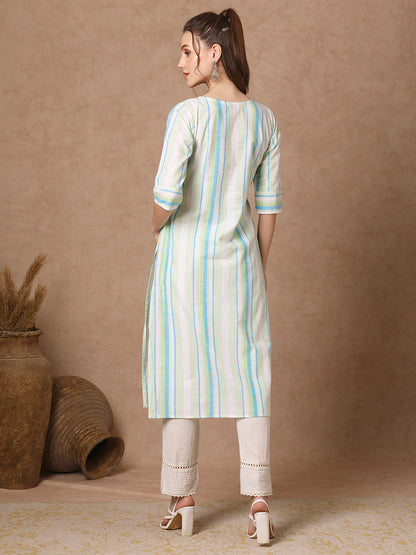 Woven Stripes & floral Hand EMbroidered Straight Fit Kurta - White