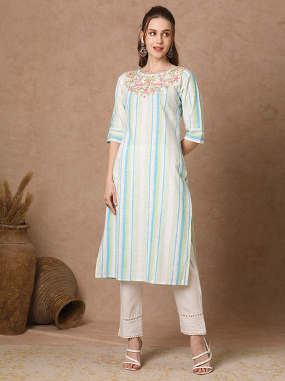 Woven Stripes & floral Hand EMbroidered Straight Fit Kurta - White